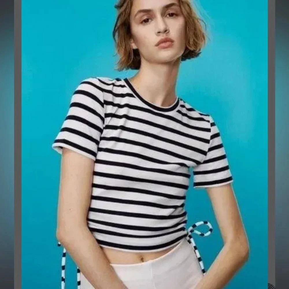 NWT ZARA BLACK AND WHITE STRIPED RUCHED TEE